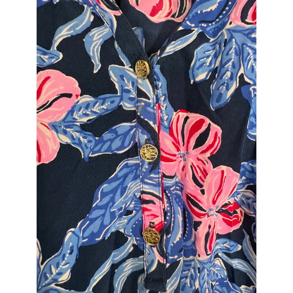 Lilly Pulitzer Elsa 100% Silk Blouse Top XXL Low Tide Navy Colorful Tropical - Picture 11 of 12